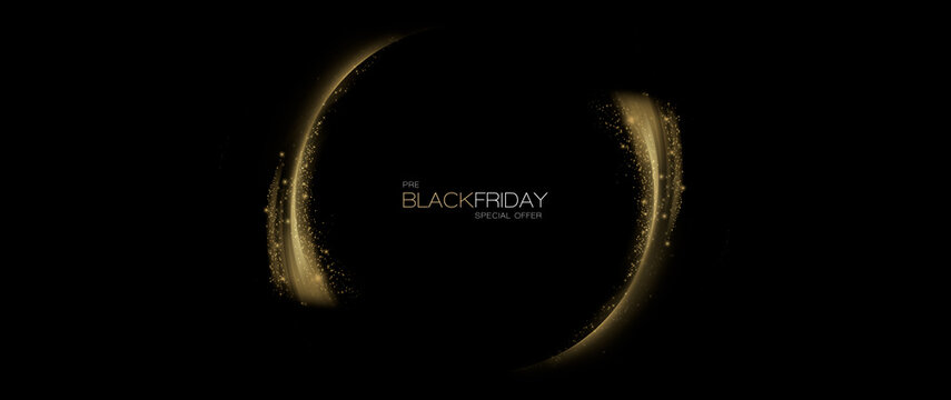 Elegant simple Black Friday Pre-Sale banner design with glittering sparks surrounding central text on a black background