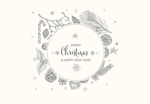 Vector Vintage Hand Drawn Christmas Card with Various Seasonal Items