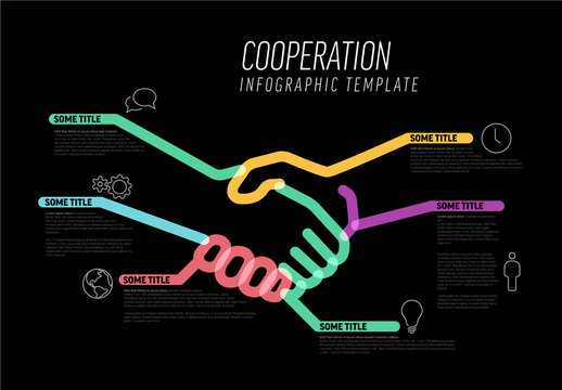 Dark Infographic Cooperation  Template Made from Lines and Icons with Handshake