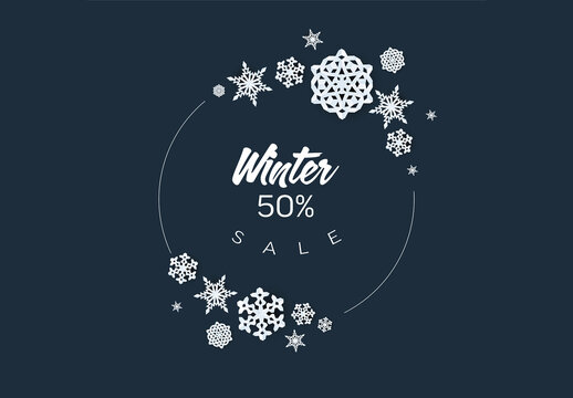 Winter Cold Blue Paper Snowflakes Frame Circle Layout Template