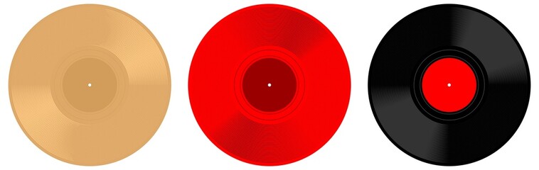 Fototapeta premium Set of three Vinyl Disc Vintage Record, red black and gold. Vector illustration