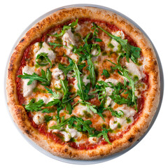 classic Italian pizza with chicken and arugula isolated on a white background