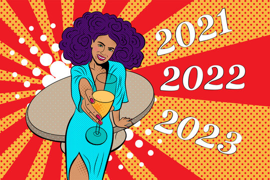 Woman with a glass of champagne. 2022 New Year comic book style postcard or greeting card. Pop art illustration. New Year Party comic stile.