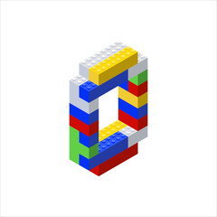 Isometric letter 0 assembled from plastic blocks. Vector illustration.