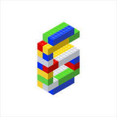 Isometric number 6 assembled from plastic blocks. Children s constructor.Vector illustration.