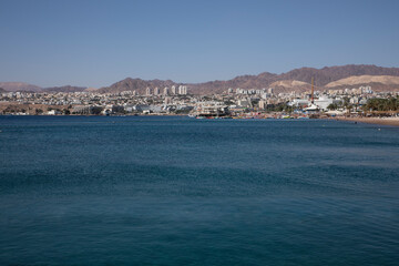 Fototapeta na wymiar View of the port and Eilat city. International resort in south of Israel.