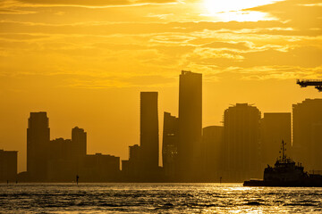 Beautiful urban skyline at sunset in downtown Miami, Florida.