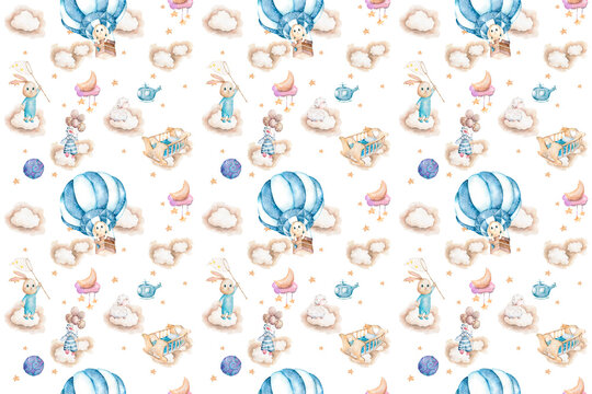 Cute baby animal and air balloon seamless pattern, bunny, rabbit illustration for children clothing. Balloons Woodland watercolor Hand drawn boho image for cases design, nursery posters