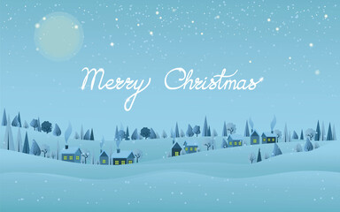 Merry Christmas card with hand drawn lettering and snowflakes. Night winter landscape with moon and village houses covered snow, and a pine forest, bushes and trees on horizon. Good for web and print
