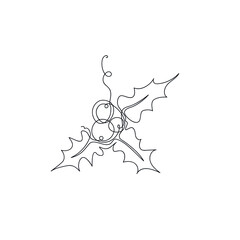 Holly berry drawn by one line. Floral sketch. Continuous line drawing mistletoe. Simple vector illustration.