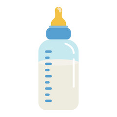 Baby bottle with milk and pacifier. Flat design. Vector icon. - obrazy, fototapety, plakaty