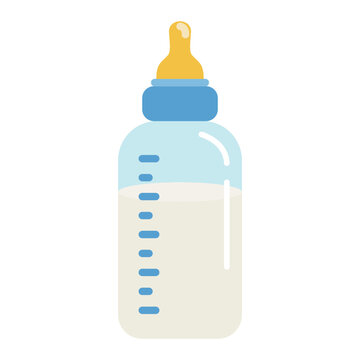 Baby bottle with milk and pacifier. Flat design. Vector icon.