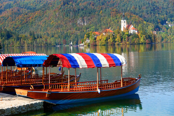 Fototapeta na wymiar Autumn colours at Bled Lake, Slovenja, Europe 