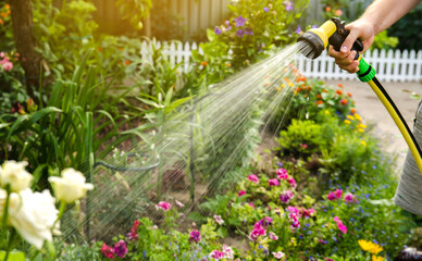A gardener with a watering hose and a sprayer water the flowers in the garden on a summer sunny day. Sprinkler hose for irrigation plants. Gardening, growing and flower care concept. Selective focus - Powered by Adobe
