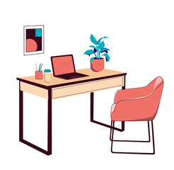 Home or office desk with chair, laptop computer, plant, abstract painting and pencil cup. Modern colorful isometric style vector illustration isolated on white background