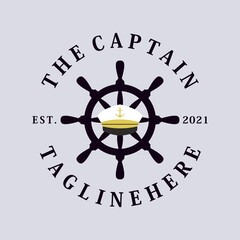 Captain's hat logo. Ship steering wheel icon. Wooden wheel steering logo. Old concept design. Retro vintage. Vector illustration template design