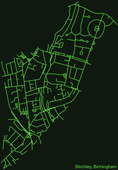 Detailed emerald green navigation urban street roads map on dark green background of the quarter Stirchley neighborhood of the English regional capital city of Birmingham, United Kingdom
