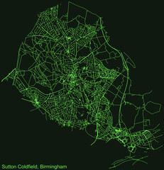 Detailed emerald green navigation urban street roads map on dark green background of the quarter Sutton Coldfield neighborhood of the English regional capital city of Birmingham, United Kingdom