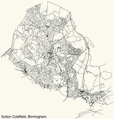 Fototapeta na wymiar Detailed navigation urban street roads map on vintage beige background of the quarter Sutton Coldfield neighborhood of the English regional capital city of Birmingham, United Kingdom