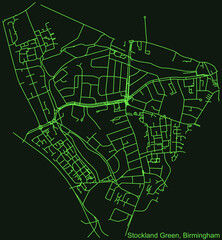 Detailed emerald green navigation urban street roads map on dark green background of the quarter Stockland Green neighborhood of the English regional capital city of Birmingham, United Kingdom