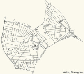 Detailed navigation urban street roads map on vintage beige background of the quarter Aston neighborhood of the English regional capital city of Birmingham, United Kingdom