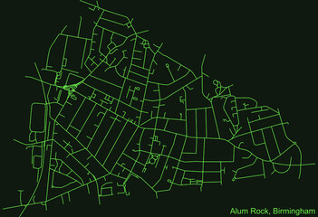 Detailed emerald green navigation urban street roads map on dark green background of the quarter Alum Rock neighborhood of the English regional capital city of Birmingham, United Kingdom