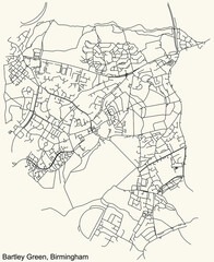 Detailed navigation urban street roads map on vintage beige background of the quarter Bartley Green neighborhood of the English regional capital city of Birmingham, United Kingdom