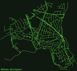Detailed emerald green navigation urban street roads map on dark green background of the quarter Billesley neighborhood of the English regional capital city of Birmingham, United Kingdom