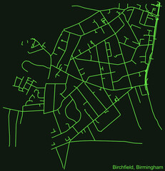 Detailed emerald green navigation urban street roads map on dark green background of the quarter Birchfield neighborhood of the English regional capital city of Birmingham, United Kingdom