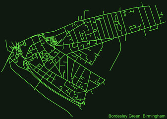 Detailed emerald green navigation urban street roads map on dark green background of the quarter Bordesley Green neighborhood of the English regional capital city of Birmingham, United Kingdom
