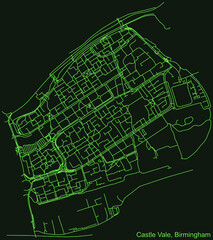 Detailed emerald green navigation urban street roads map on dark green background of the quarter Castle Vale neighborhood of the English regional capital city of Birmingham, United Kingdom