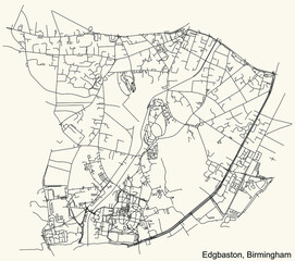 Detailed navigation urban street roads map on vintage beige background of the quarter Edgbaston neighborhood of the English regional capital city of Birmingham, United Kingdom