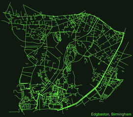 Detailed emerald green navigation urban street roads map on dark green background of the quarter Edgbaston neighborhood of the English regional capital city of Birmingham, United Kingdom