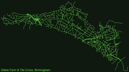 Detailed emerald green navigation urban street roads map on dark green background of the quarter Gib Heath neighborhood of the English regional capital city of Birmingham, United Kingdom