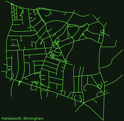Detailed emerald green navigation urban street roads map on dark green background of the quarter Handsworth neighborhood of the English regional capital city of Birmingham, United Kingdom