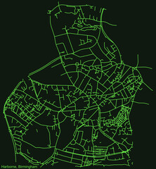Detailed emerald green navigation urban street roads map on dark green background of the quarter Harborne neighborhood of the English regional capital city of Birmingham, United Kingdom