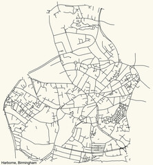 Detailed navigation urban street roads map on vintage beige background of the quarter Harborne neighborhood of the English regional capital city of Birmingham, United Kingdom