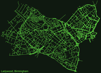 Detailed emerald green navigation urban street roads map on dark green background of the quarter Ladywood neighborhood of the English regional capital city of Birmingham, United Kingdom