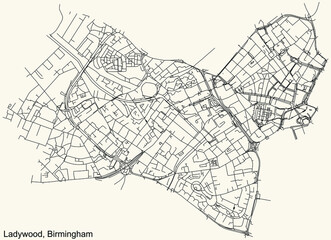 Detailed navigation urban street roads map on vintage beige background of the quarter Ladywood neighborhood of the English regional capital city of Birmingham, United Kingdom