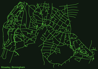Detailed emerald green navigation urban street roads map on dark green background of the quarter Moseley neighborhood of the English regional capital city of Birmingham, United Kingdom