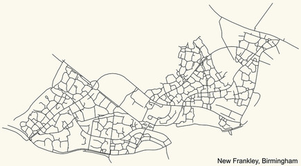 Detailed navigation urban street roads map on vintage beige background of the quarter New Frankley neighborhood of the English regional capital city of Birmingham, United Kingdom