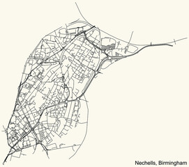 Detailed navigation urban street roads map on vintage beige background of the quarter Nechells neighborhood of the English regional capital city of Birmingham, United Kingdom