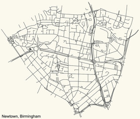 Detailed navigation urban street roads map on vintage beige background of the quarter Newtown neighborhood of the English regional capital city of Birmingham, United Kingdom