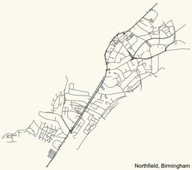 Fototapeta na wymiar Detailed navigation urban street roads map on vintage beige background of the quarter Northfield neighborhood of the English regional capital city of Birmingham, United Kingdom