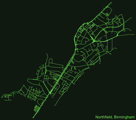 Detailed emerald green navigation urban street roads map on dark green background of the quarter Northfield neighborhood of the English regional capital city of Birmingham, United Kingdom