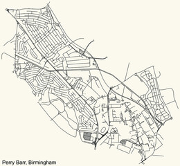 Detailed navigation urban street roads map on vintage beige background of the quarter Perry Barr neighborhood of the English regional capital city of Birmingham, United Kingdom