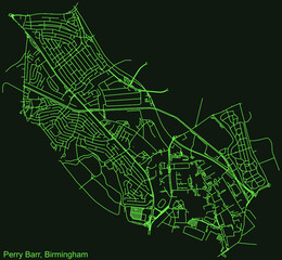 Detailed emerald green navigation urban street roads map on dark green background of the quarter Perry Barr neighborhood of the English regional capital city of Birmingham, United Kingdom