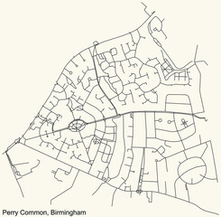 Detailed navigation urban street roads map on vintage beige background of the quarter Perry Common neighborhood of the English regional capital city of Birmingham, United Kingdom