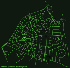 Detailed emerald green navigation urban street roads map on dark green background of the quarter Perry Common neighborhood of the English regional capital city of Birmingham, United Kingdom