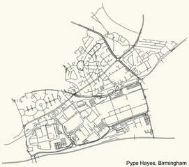 Detailed navigation urban street roads map on vintage beige background of the quarter Pype Hayes neighborhood of the English regional capital city of Birmingham, United Kingdom